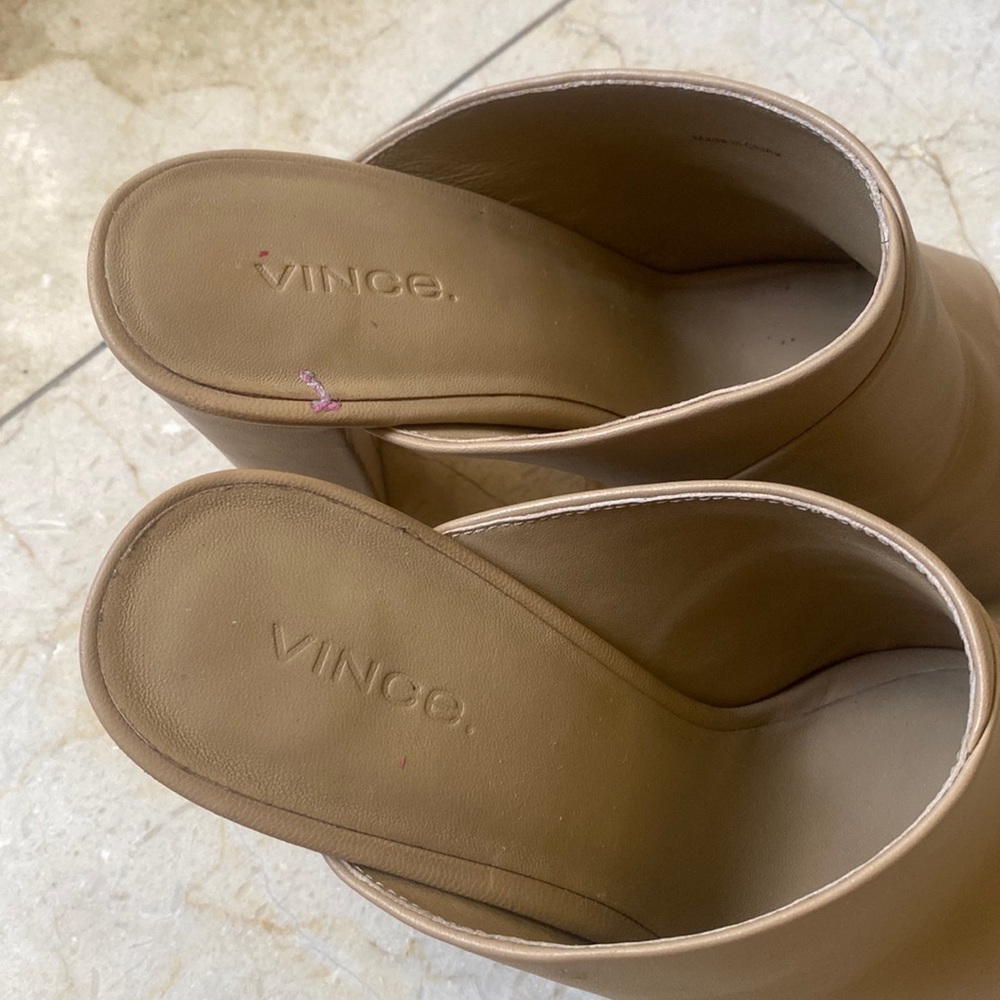Vince Tan Leather Block Heel Slides - Picture 5 of 9